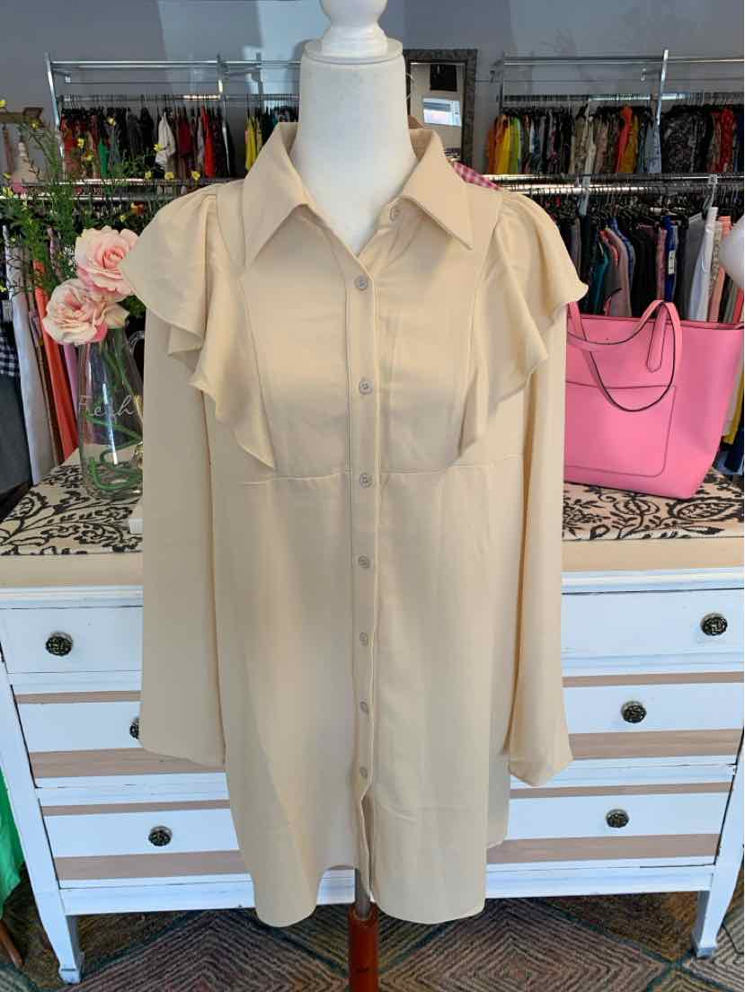 Beige long-sleeve button-up dress with pointed collar and shoulder epaulets on dress form.