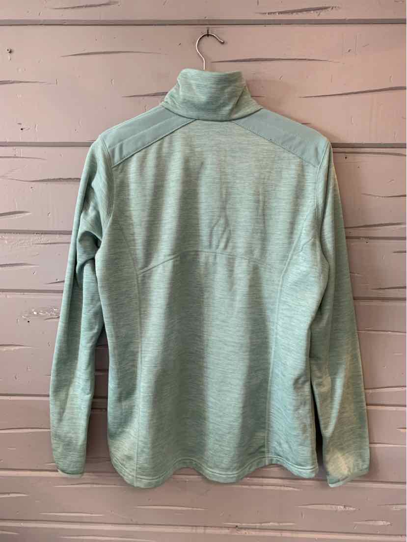 Light gray-green long-sleeve pullover with mock neck and zippered pocket on the back, size XL.