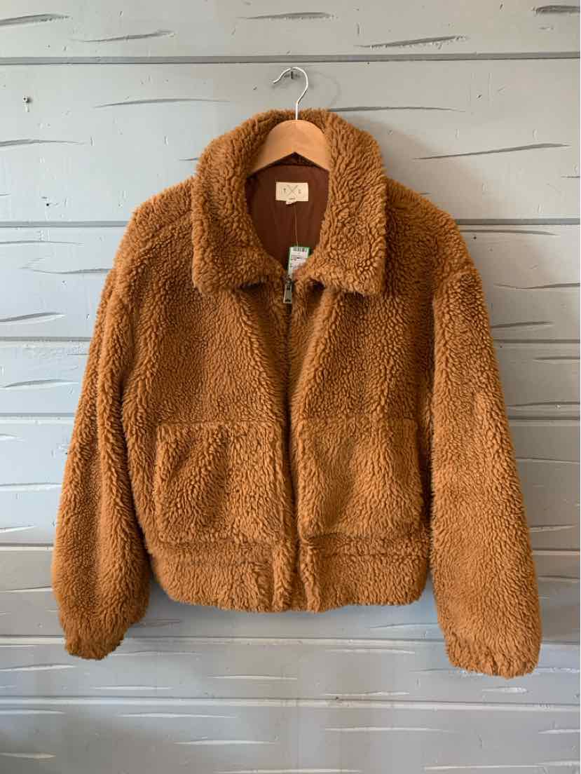 Tan sherpa fleece jacket with a wide collar and front patch pockets, size large.