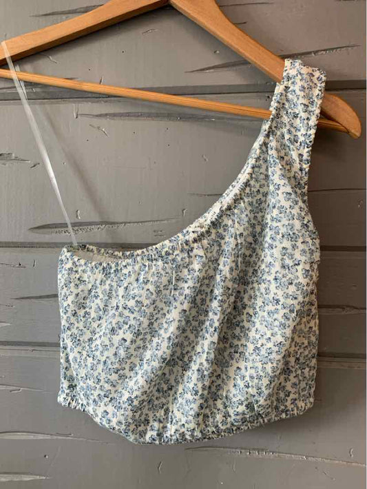 Blue and white floral one-shoulder crop top with gathered waist from American Eagle.