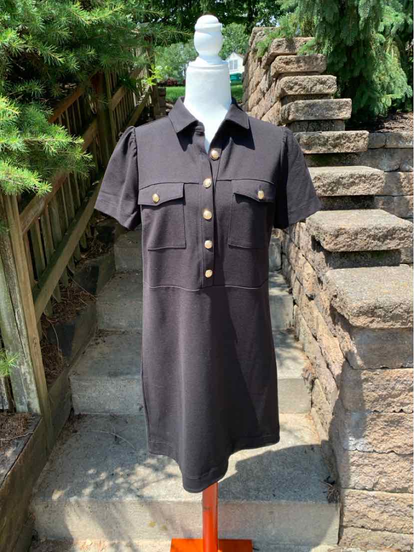 Black short-sleeve shirt dress with button front and flap chest pockets, size 6.