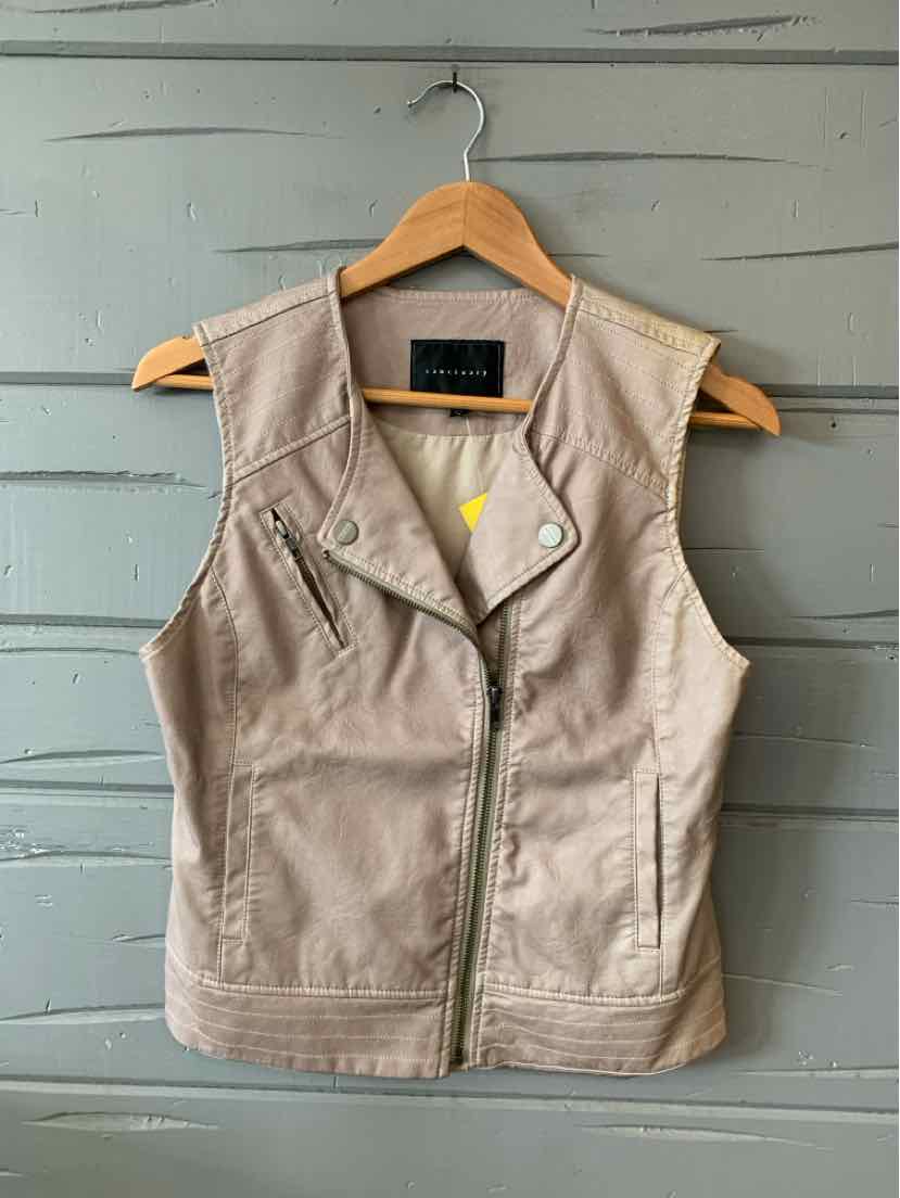 Beige sleeveless leather vest with asymmetrical zipper and collar detail, size small.