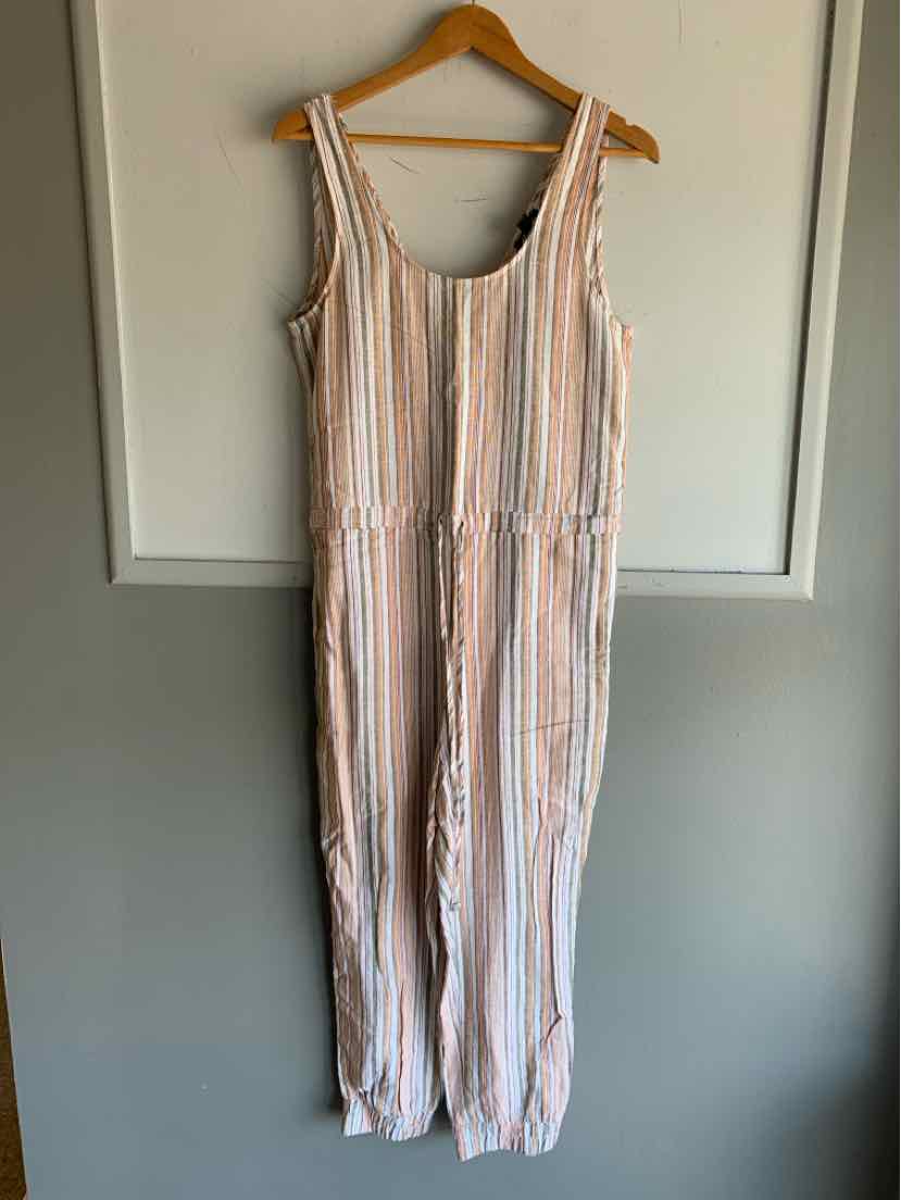 Sleeveless jumpsuit with vertical orange, white, and blue stripes, scoop neckline, and cinched waist.