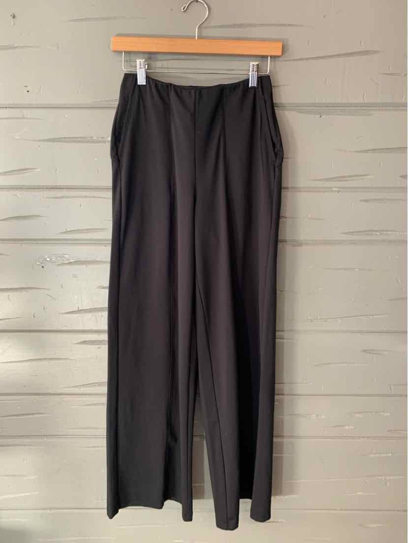 Solid black wide-leg trousers with a high waist and smooth, draping fabric, hanging from a clip hanger.