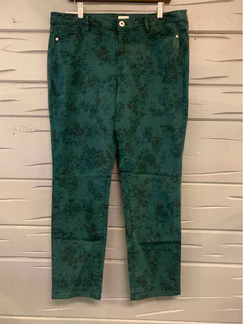 Green floral patterned straight-leg pants with button and zipper closure, size 14.