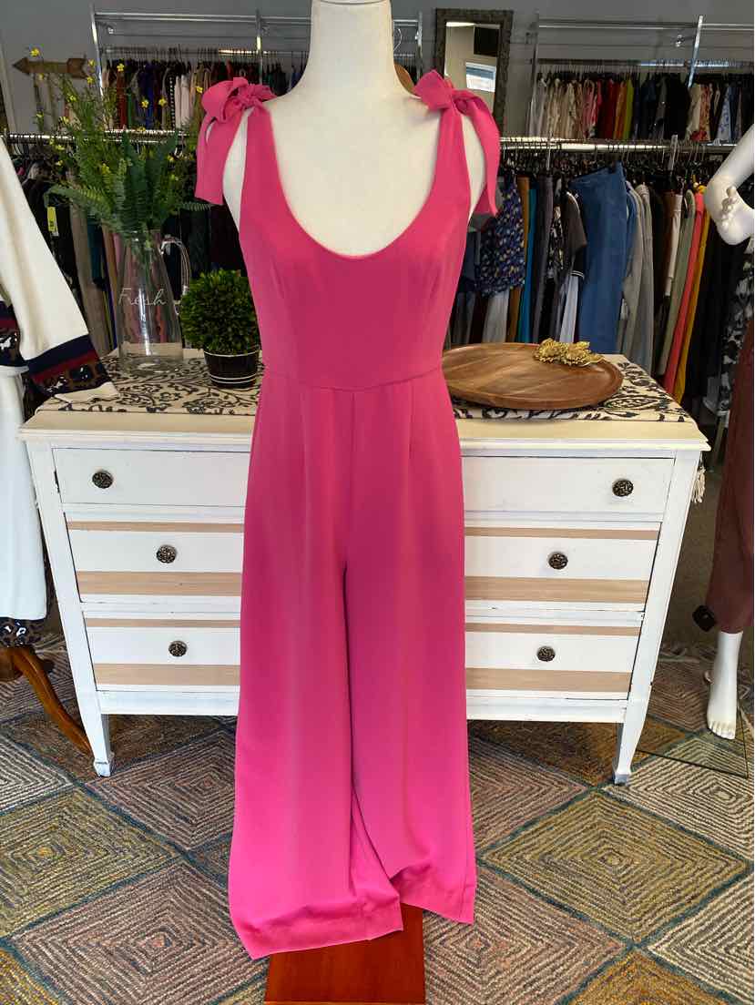 Pink sleeveless jump suit with tie shoulder straps and a flowy pants on a mannequin.