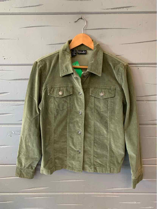 Olive green corduroy jacket with button front, two chest pockets, and long sleeves, size 12.