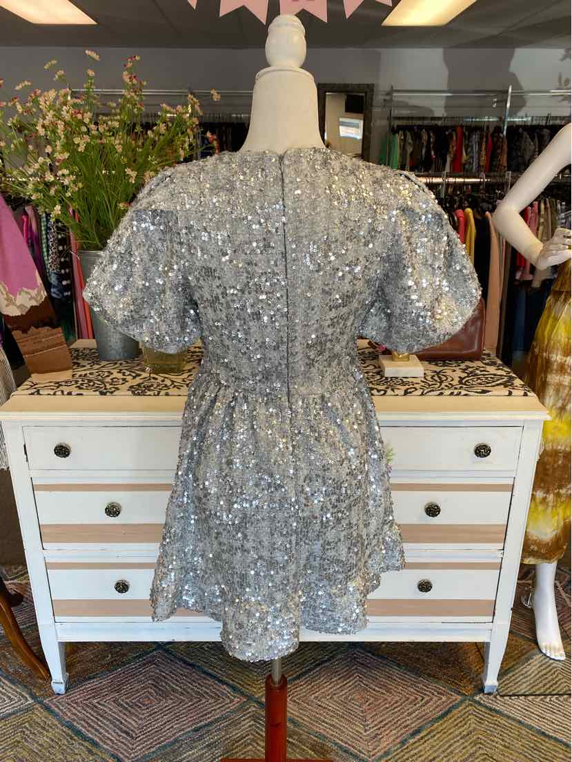Silver sequin short-sleeve dress with cinched waist and round neckline on mannequin.