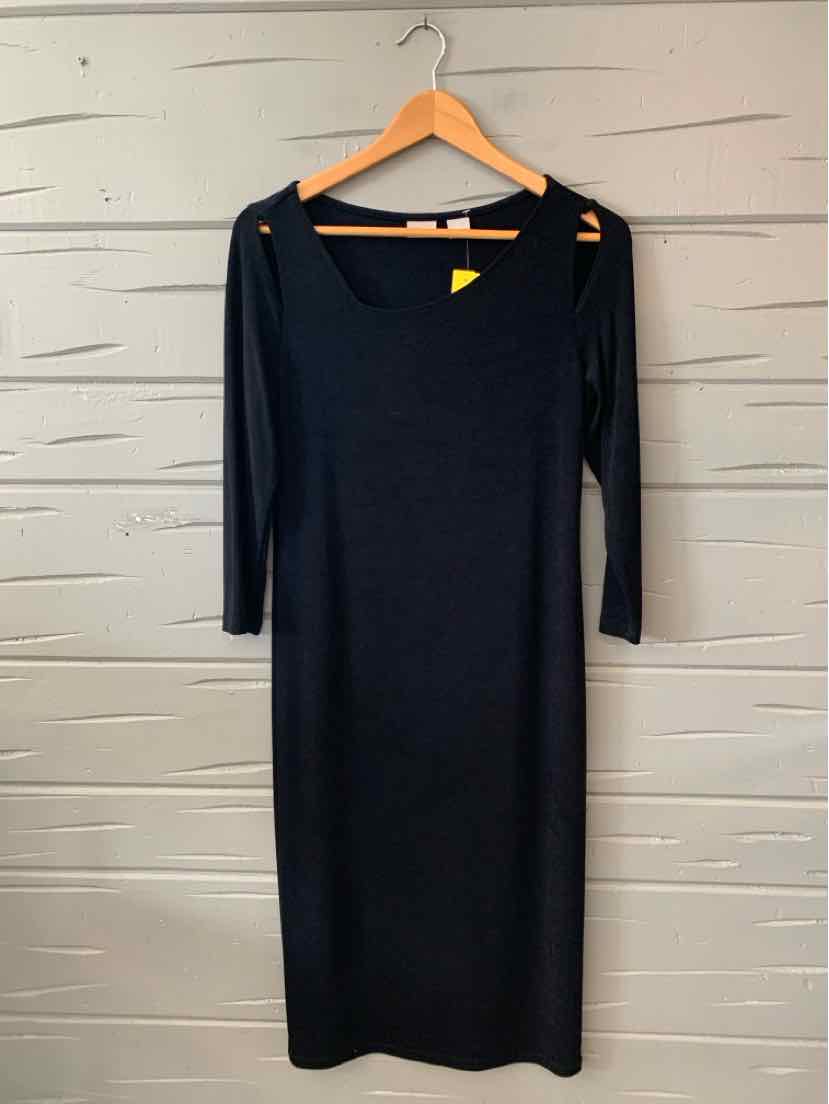 Black knee-length dress with 3/4 sleeves and round neckline on wooden hanger.