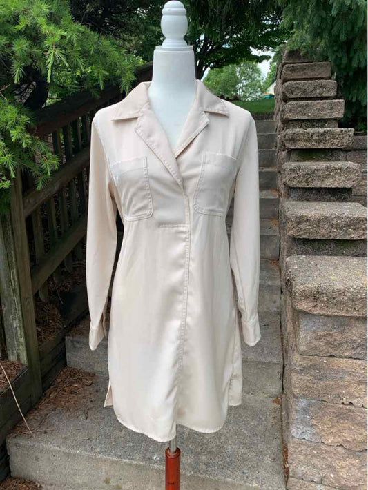 Cream-colored long-sleeve shirt dress with pointed collar and button-down front.