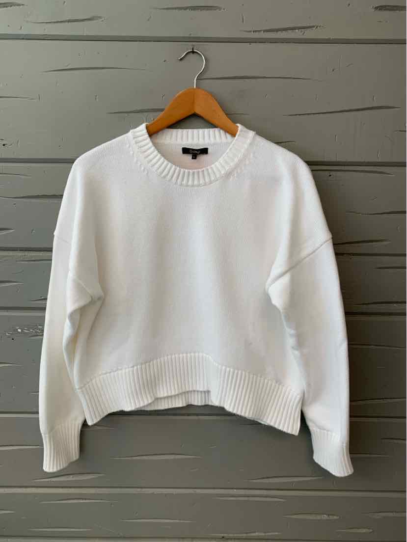 White knit crewneck sweater with ribbed cuffs and hem, relaxed fit, small size.