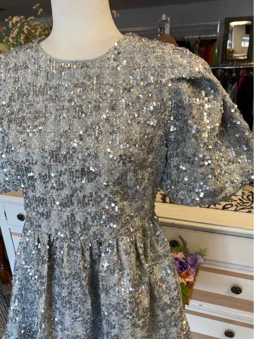 Silver sequin short-sleeve dress with gathered waist and round neckline on mannequin.