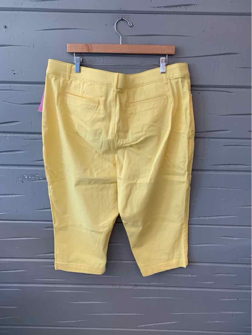 Yellow knee-length shorts with button and zipper closure hanging on wooden hanger.
