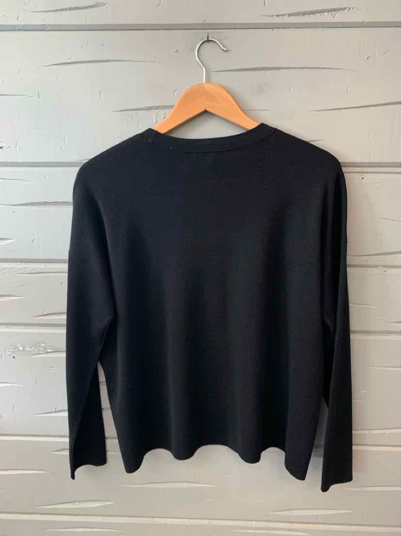 Black long-sleeve crewneck sweater with a relaxed fit, lightweight fabric, and simple hem.