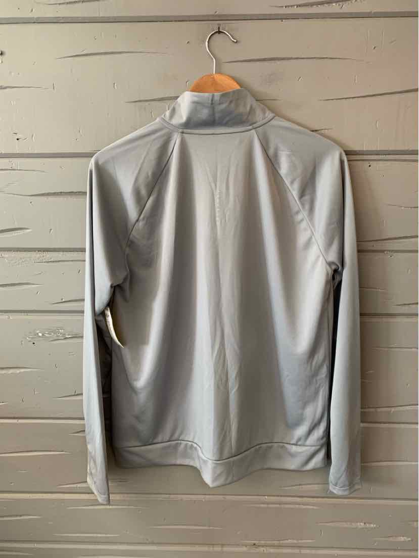 Light gray Nike jacket with long sleeves and a high collar, smooth fabric, size large.
