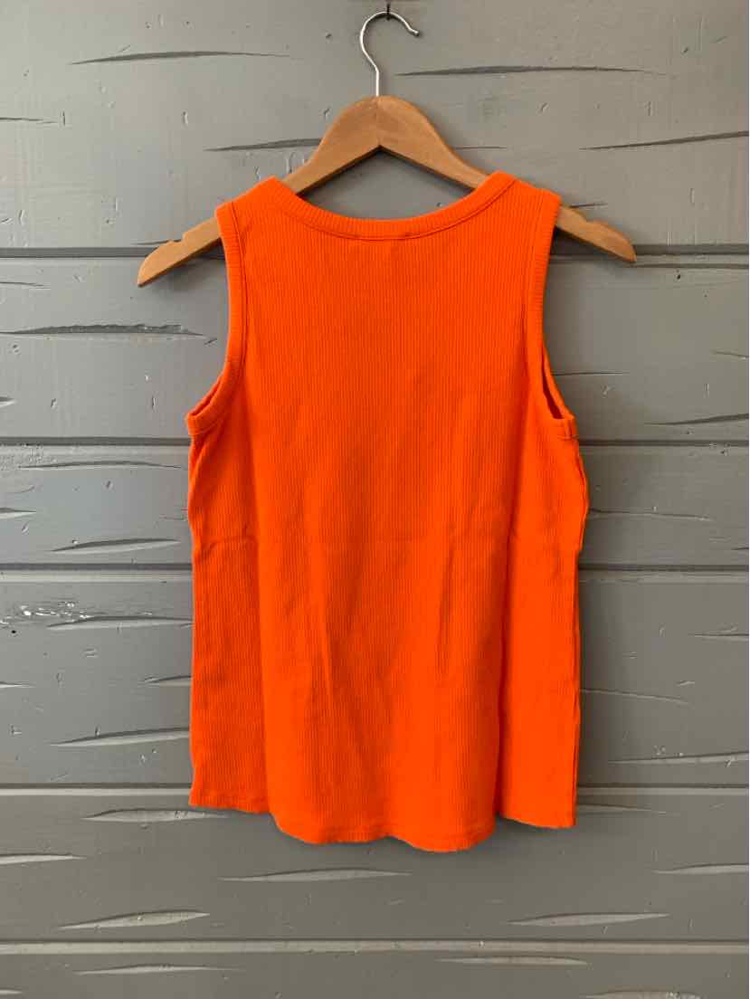 Bright orange sleeveless top with round neckline on wooden hanger against gray wall.