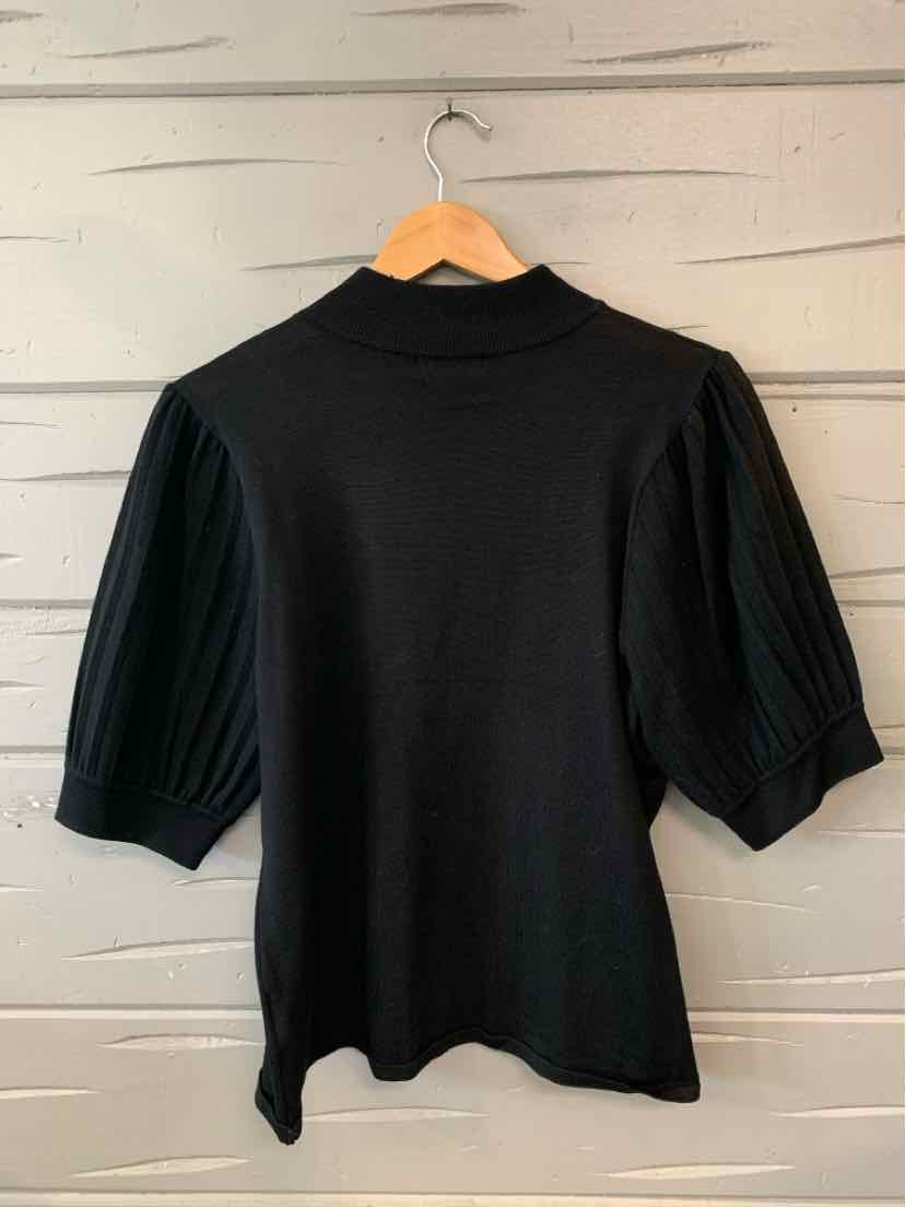 Black knit top with puffed elbow-length sleeves and mock neck, size XL.