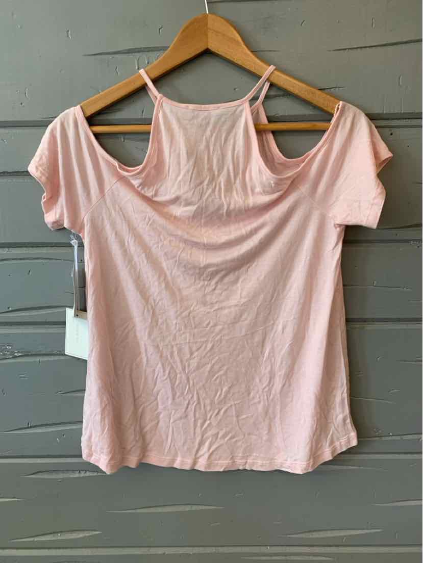 Light pink cold-shoulder top with spaghetti straps and short sleeves, soft fabric.