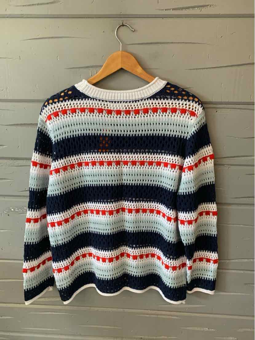 Knit sweater with horizontal navy, white, and red stripes, crew neck, medium size.