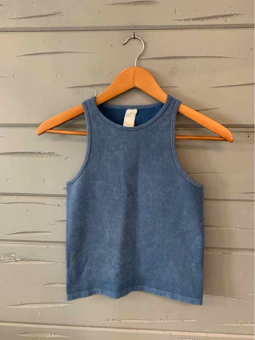 Blue sleeveless fitted tank top with high neckline, soft fabric, and no visible patterns.