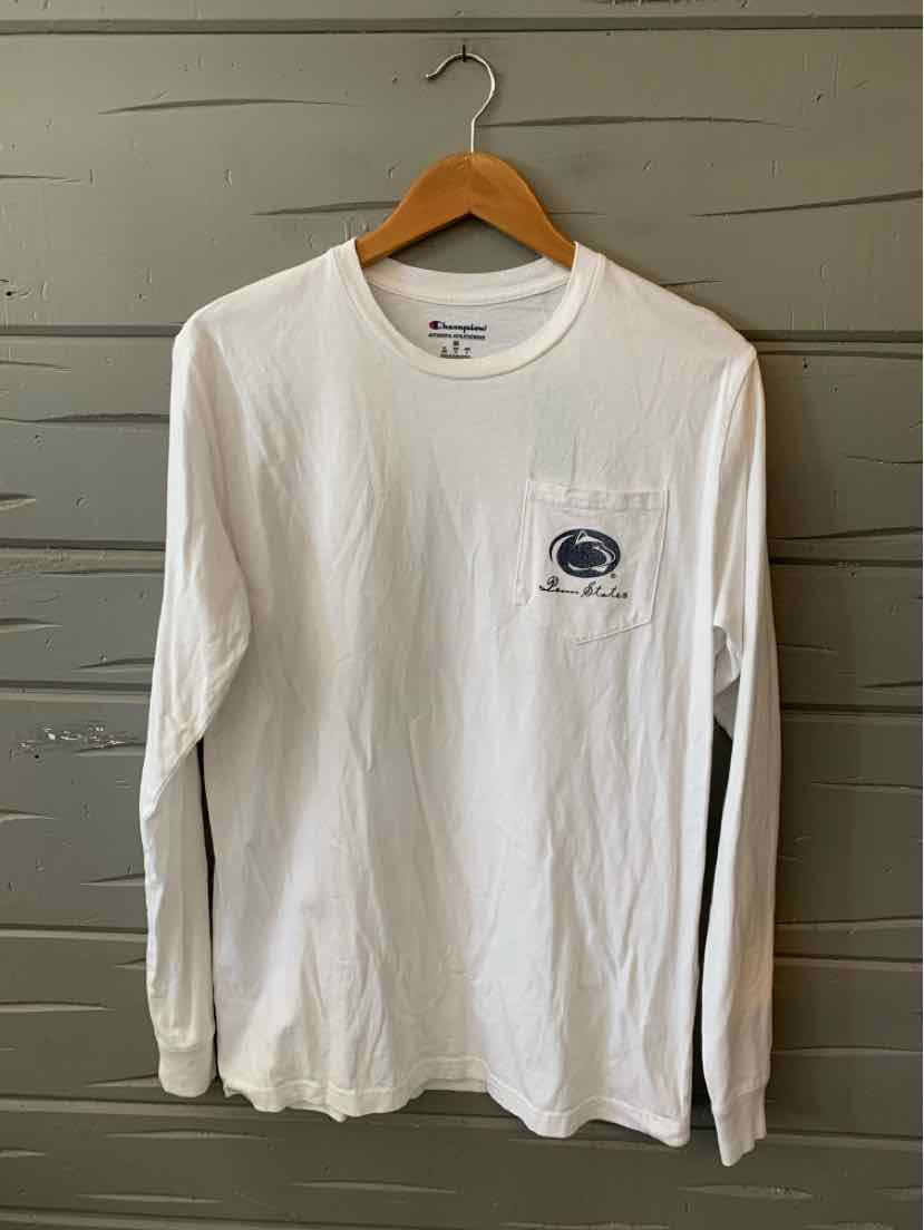 White long-sleeve cotton t-shirt with small blue and white Penn State logo on left chest pocket area.
