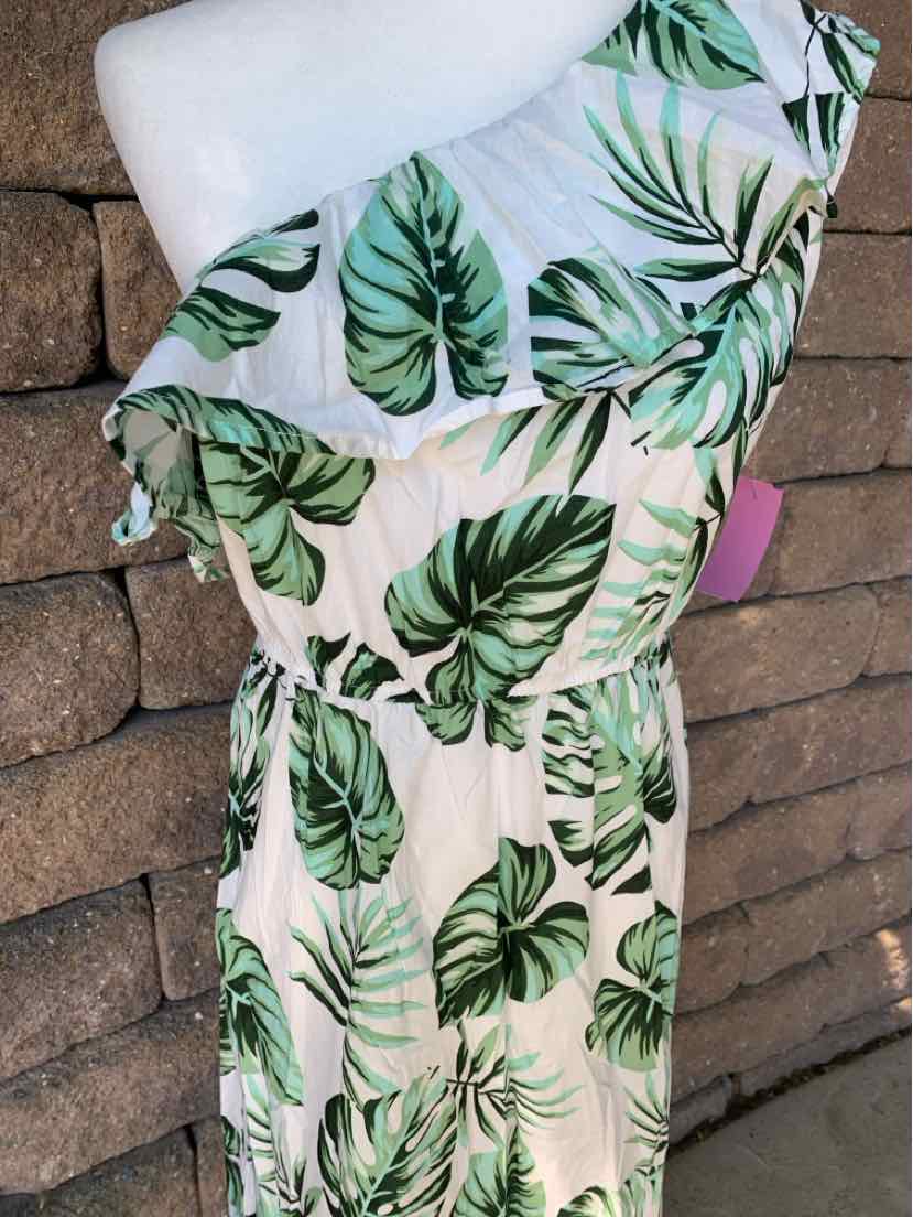 White one-shoulder tropical dress with green palm leaf print and gathered waist in large size.