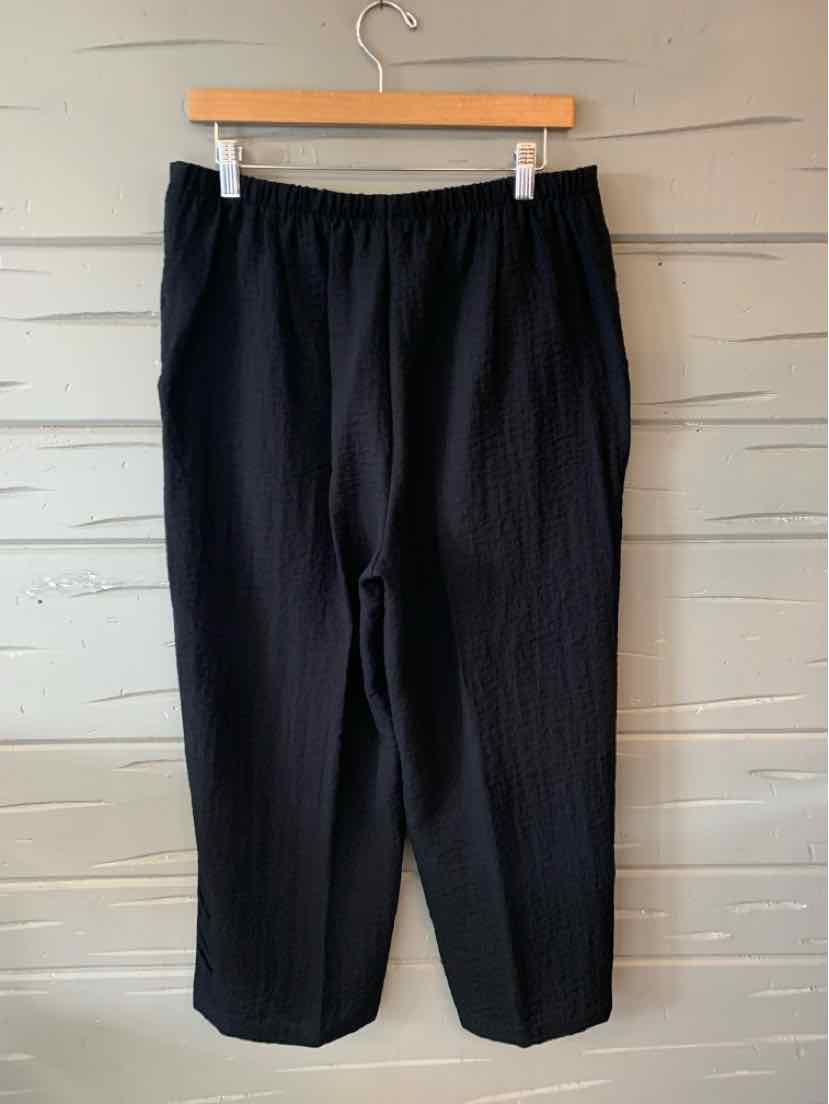 Black large-size pants with elastic waistband and straight legs hanging on wooden hanger against a light wooden wall.