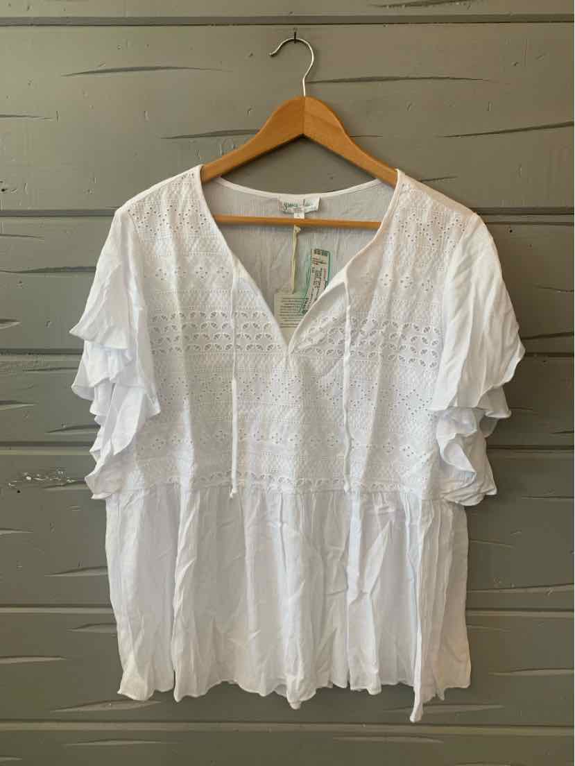 White lace blouse with tiered ruffle sleeves and V-neck, size large.