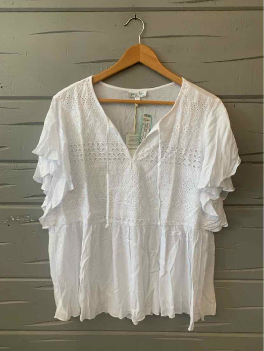 White lace blouse with tiered ruffle sleeves and V-neck, size large.