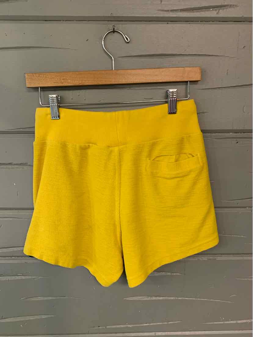 Yellow knit shorts with elastic waistband and a small pocket on the right side, hanging on wooden hanger.