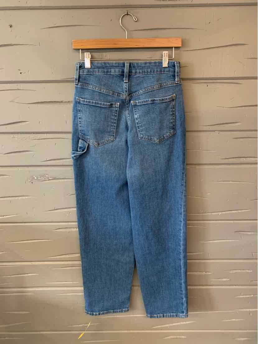 High-waisted blue denim jeans with back pockets and belt loops, size 2 junior.