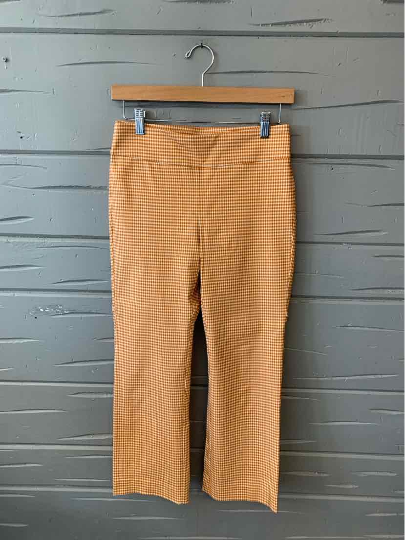 Tan cropped pants with a subtle gingham pattern and a straight-leg cut, size 2.