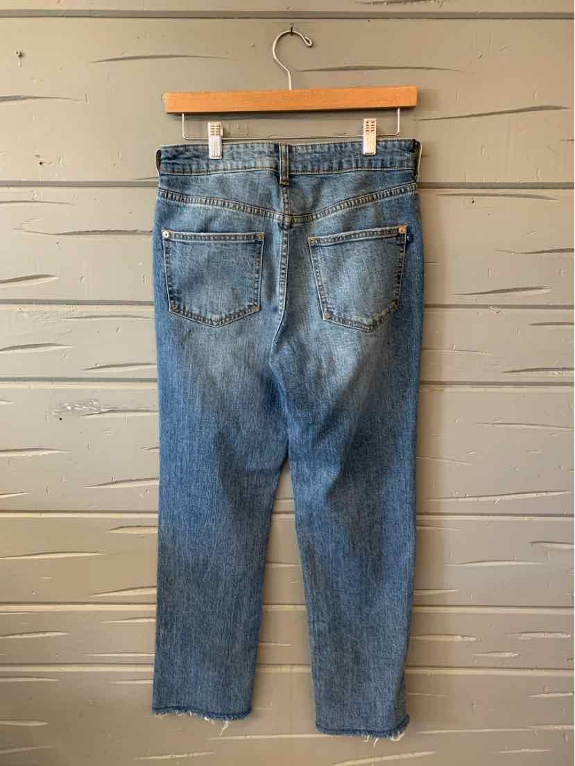 Blue straight-leg denim jeans with faded whiskering, contrast stitching, and classic five-pocket styling, hanging by the.