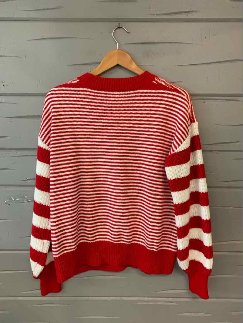 Red and white striped long-sleeve sweater with ribbed cuffs and hem, size XL.