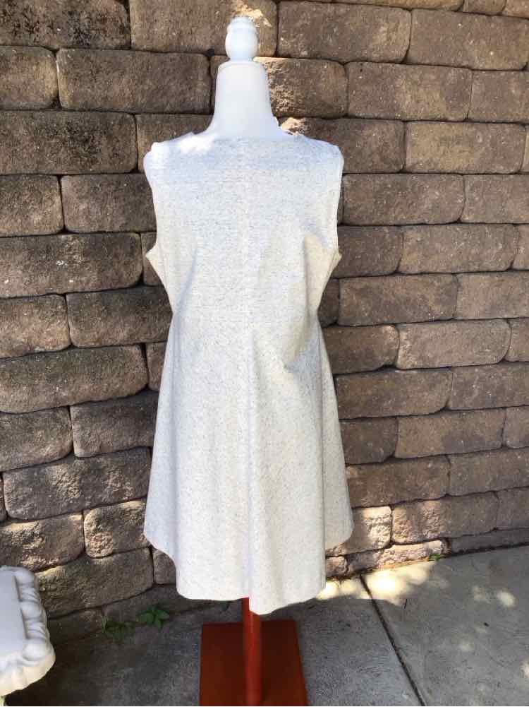 Light gray sleeveless dress with a high neckline and a subtle textured pattern, A-line silhouette.