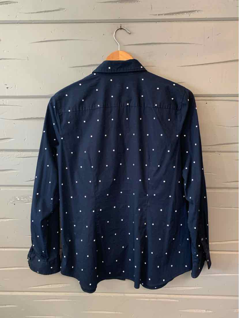 Navy blue button-up shirt with white polka dots, long sleeves, tailored fit.
