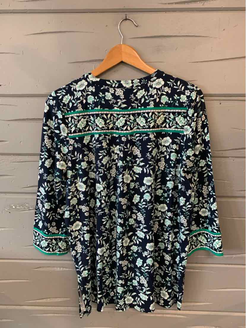 Navy floral blouse with light blue and white flowers, long sleeves, and turquoise trim on cuffs and back yoke.