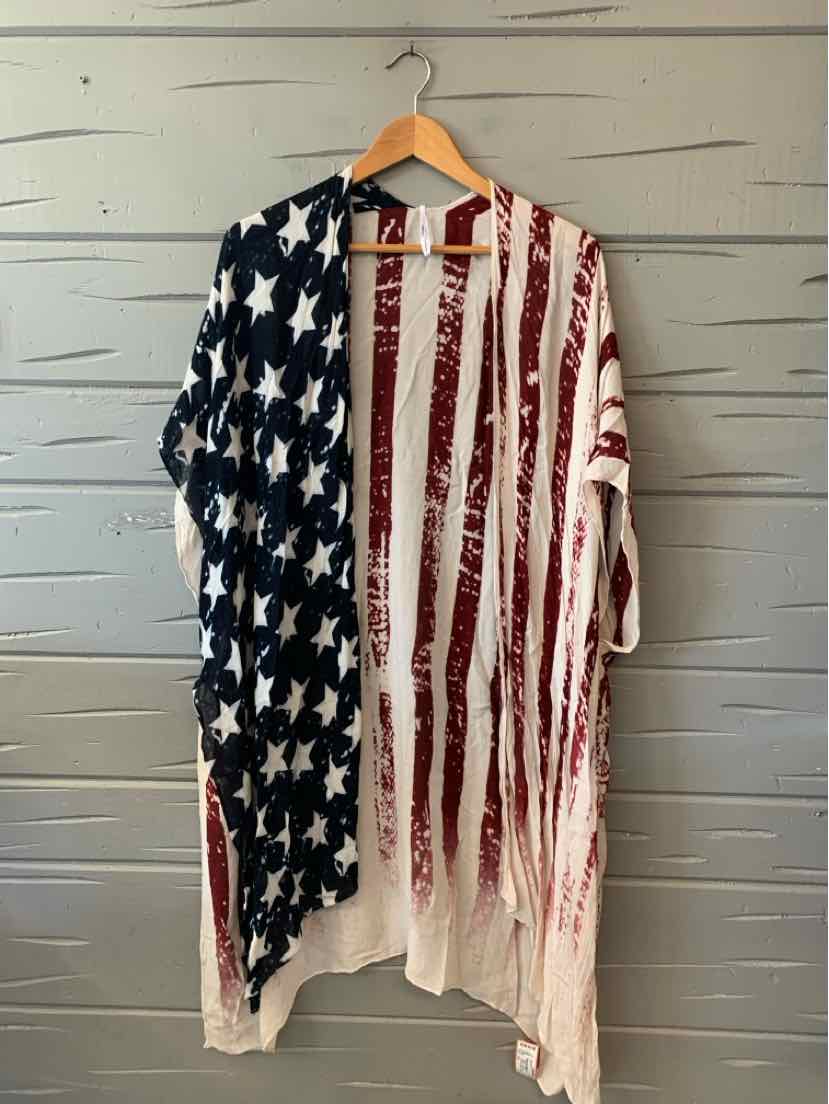 Lightweight shawl with distressed American flag design, featuring navy blue stars on one side and faded red stripes on the.