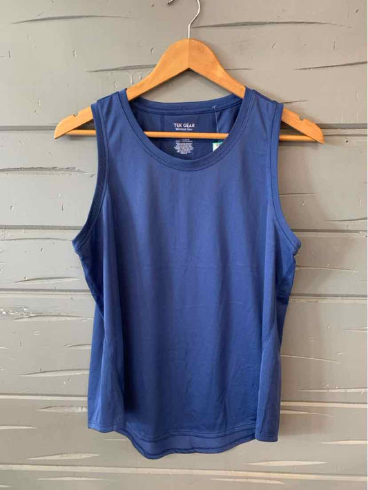 Navy blue sleeveless athletic tank top with crew neck on wooden hanger.