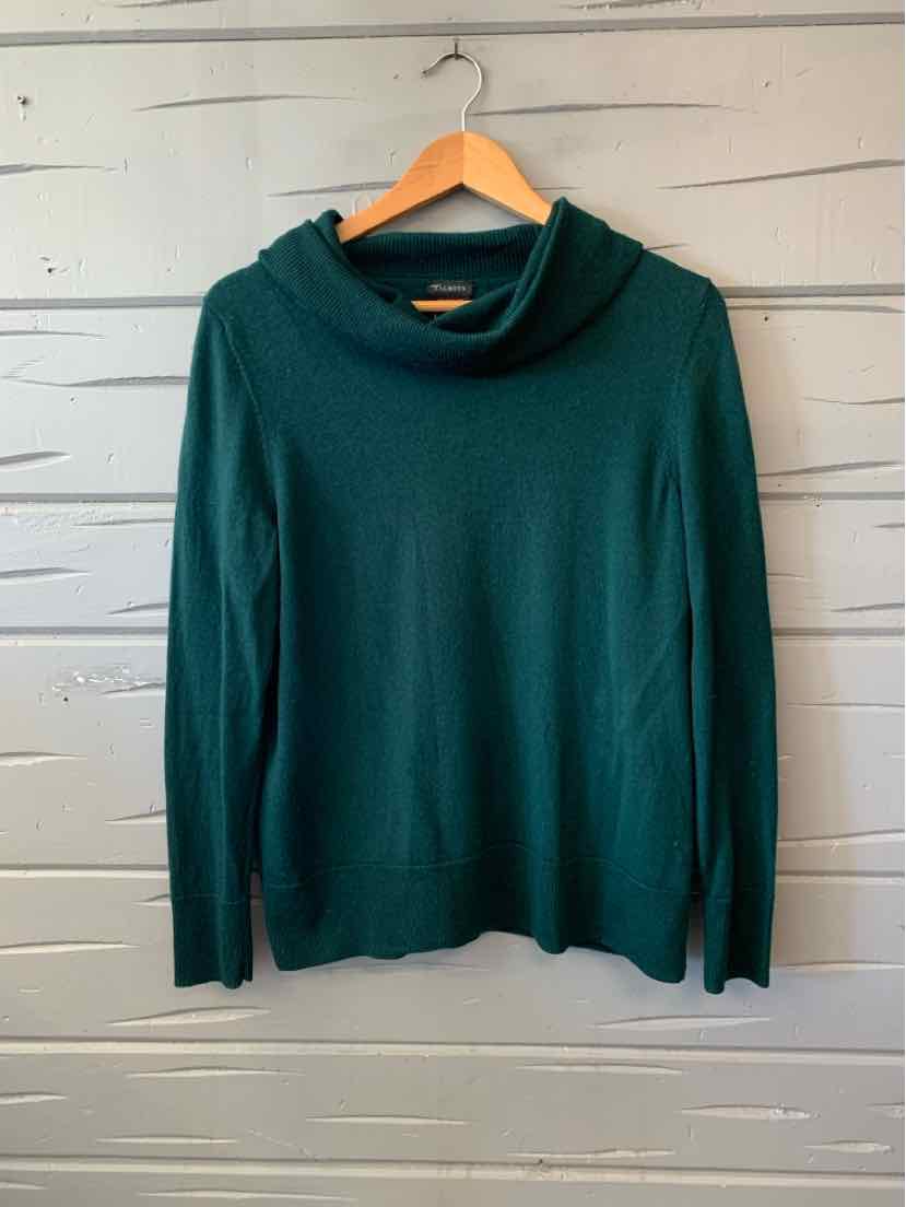 Solid dark teal Talbots sweater with long sleeves and a draped cowl neckline.
