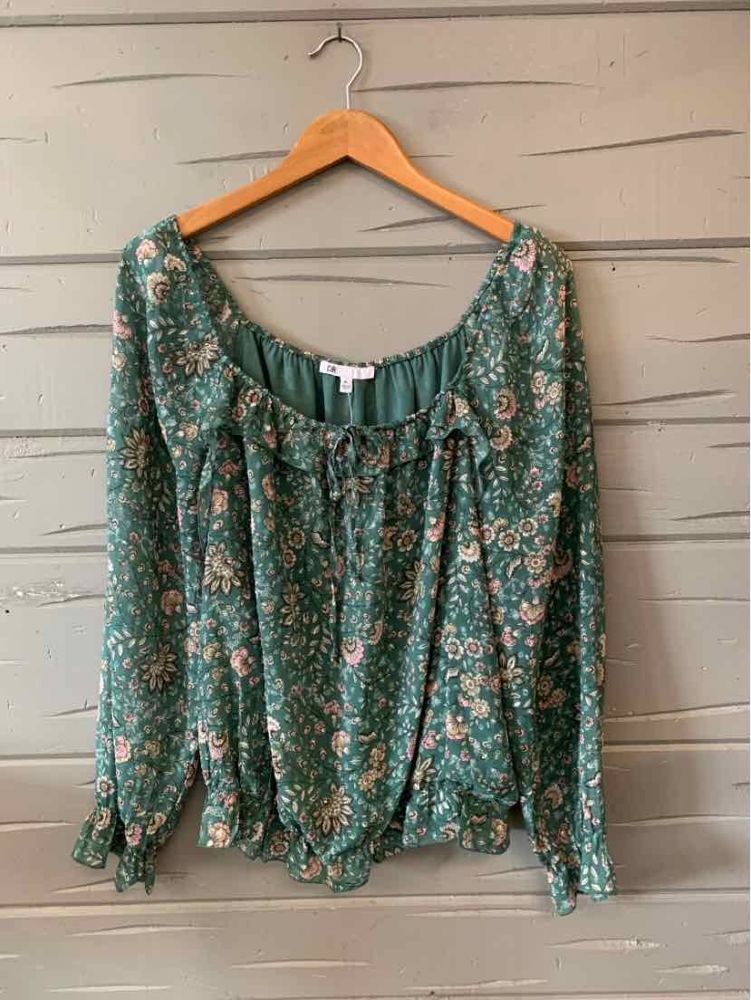 Green floral long-sleeve blouse with ruched neckline and elastic cuffs, size XL.