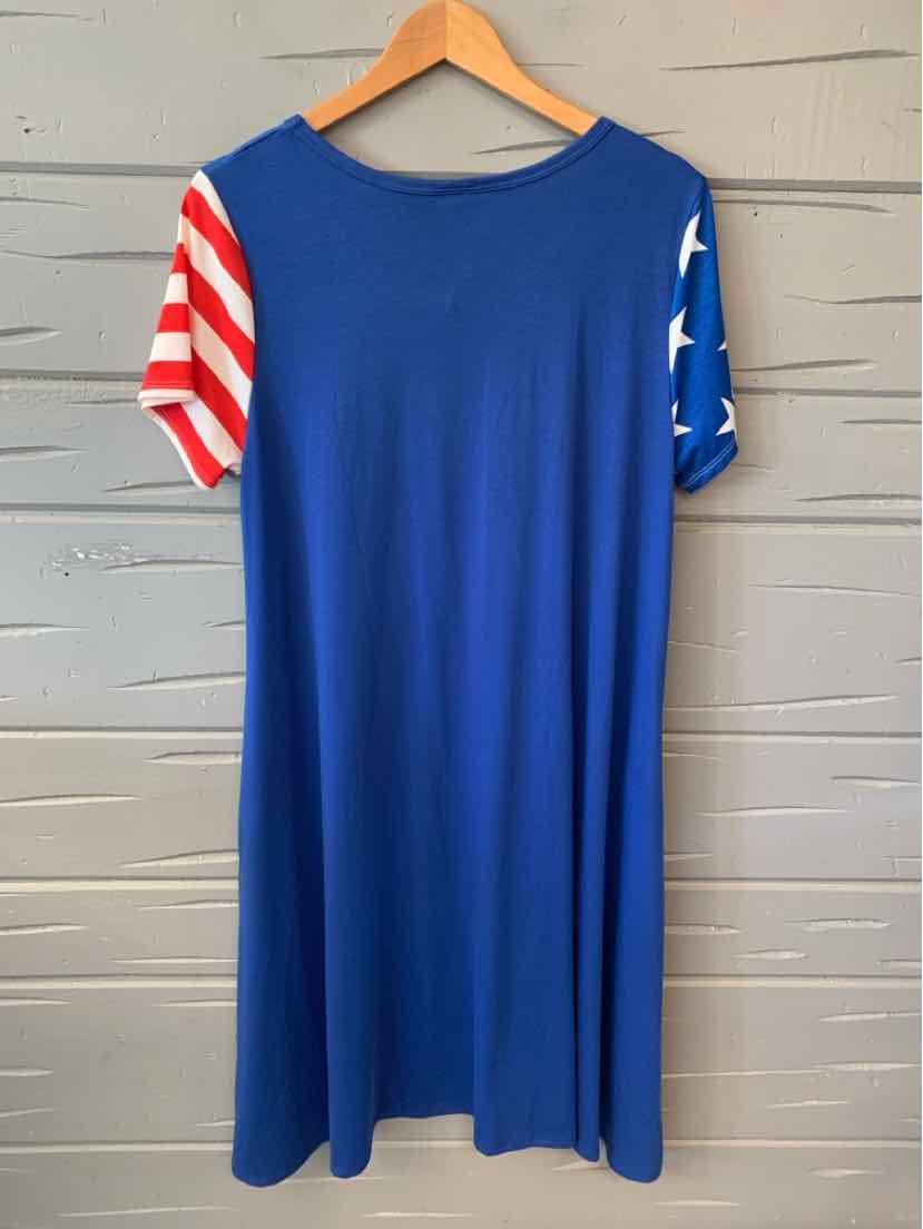 Blue short-sleeve dress with American flag-themed sleeves, stars on right and red stripes on left.