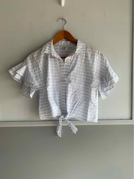 White and light blue gingham short-sleeve blouse with front tie and collar in size XS.