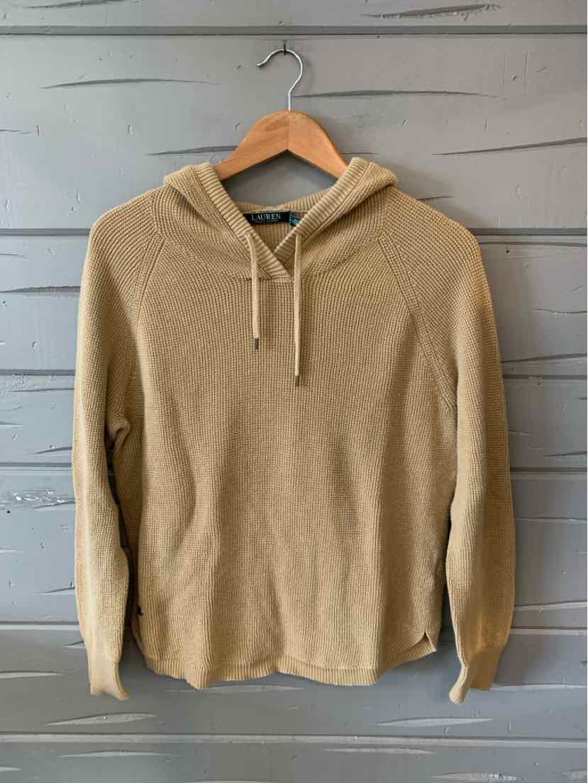 Tan long-sleeve hoodie with raglan sleeves and front kangaroo pocket, soft knit material, large size.