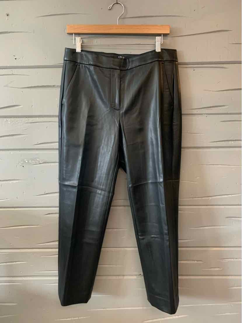 Black faux leather straight-leg pants with front seam detailing and belt loops, size 10P.