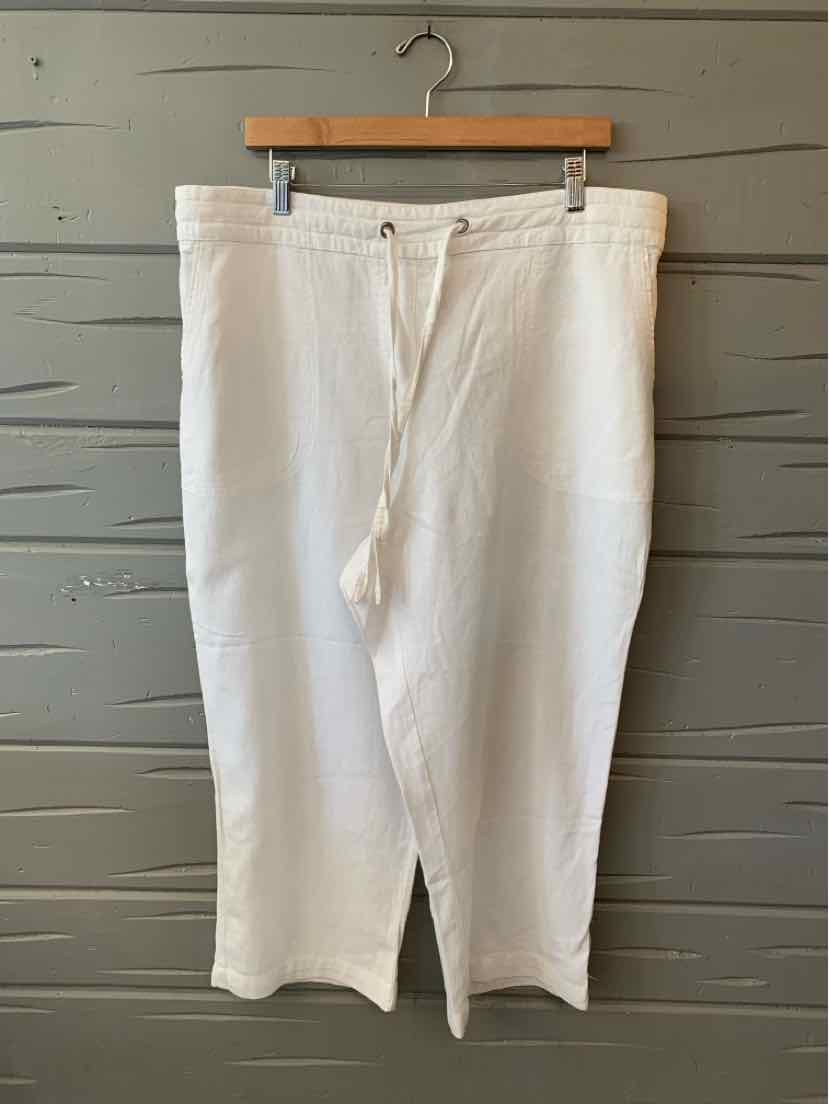 White linen drawstring pants with relaxed fit and elastic waistband, size XL.
