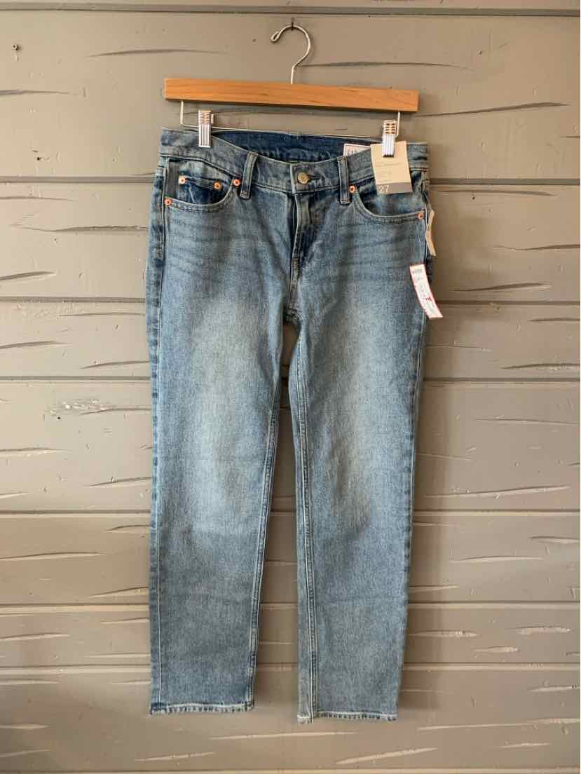 Light blue slim-fit denim jeans with five-pocket design and button closure, size 4.