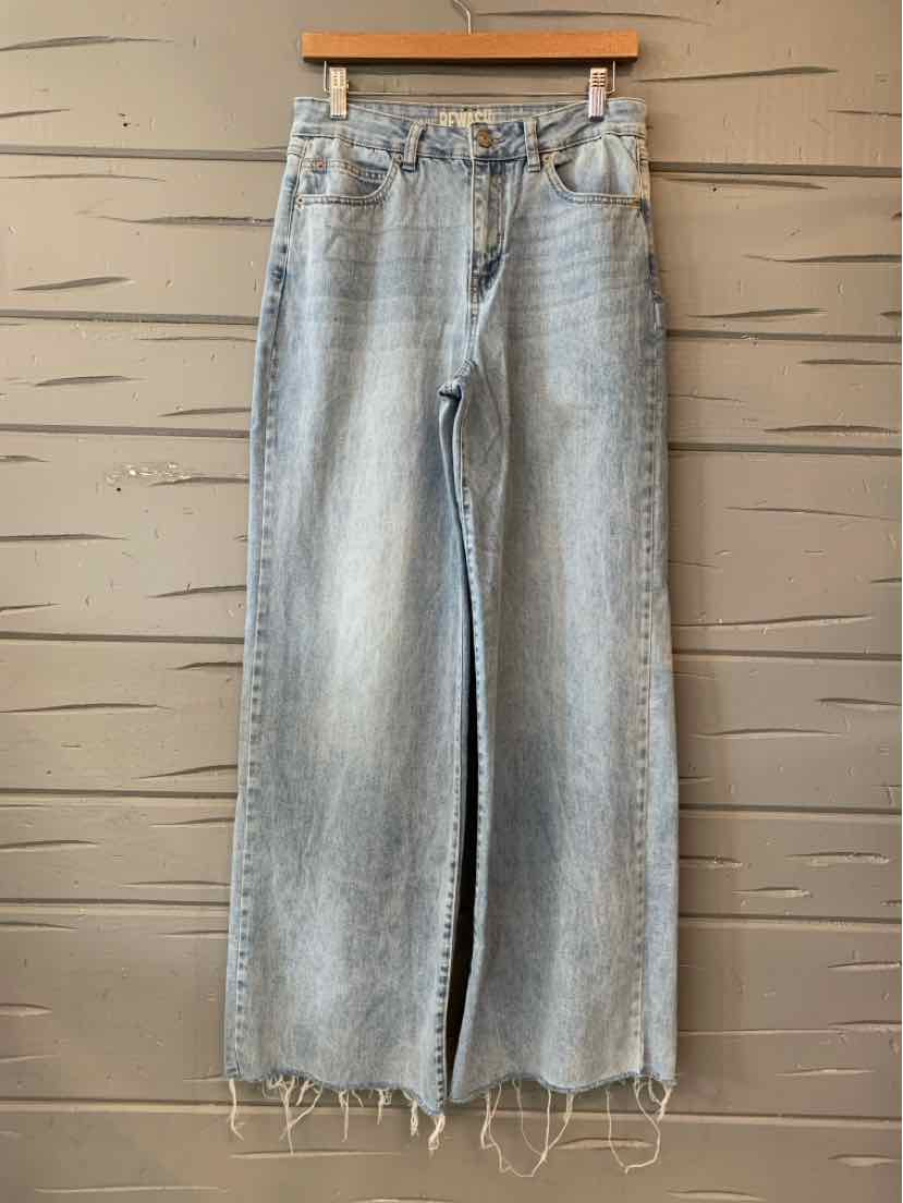 Light-wash blue high-rise jeans with a relaxed straight leg, distressed fading, and frayed hems.