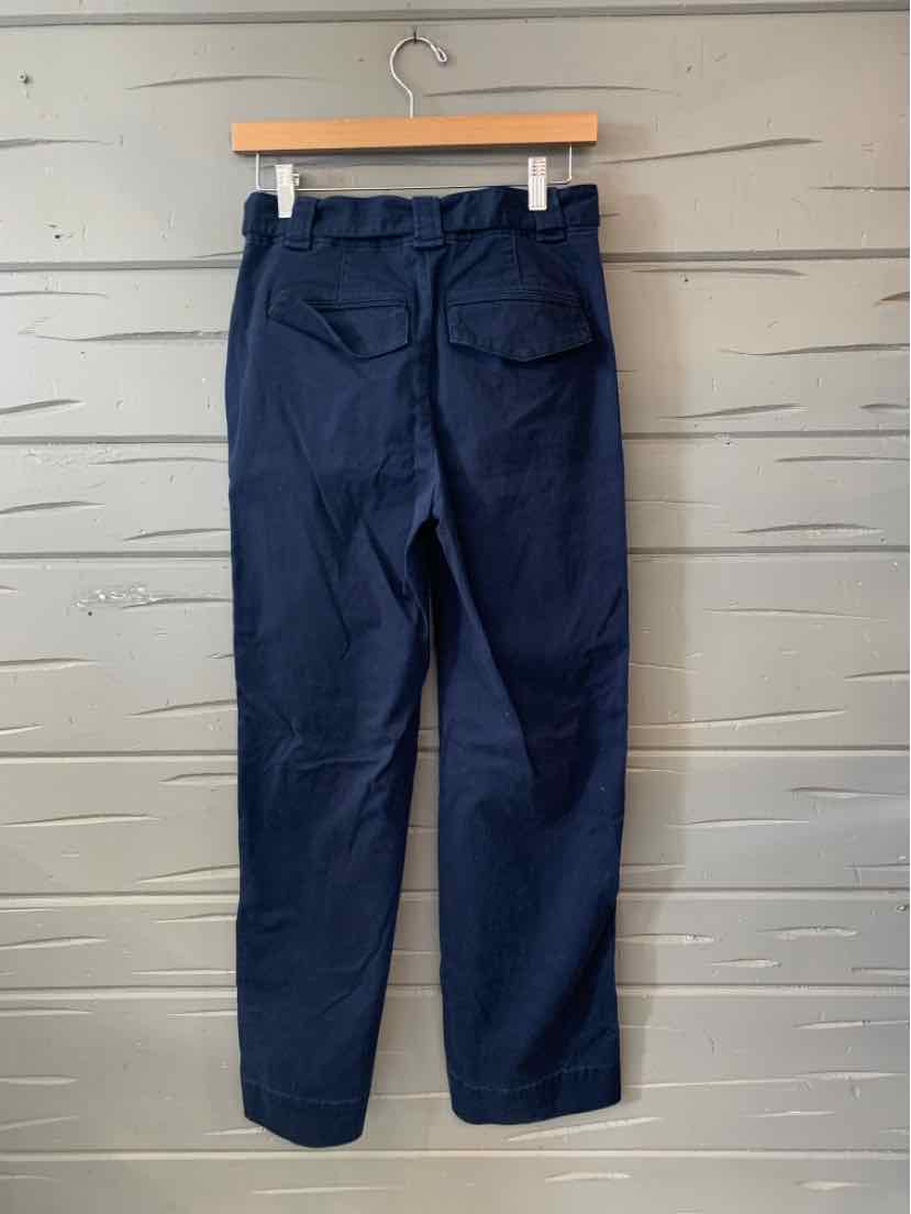 Navy blue straight-leg pants with two back flap pockets, belt loops, and a mid-rise waist.