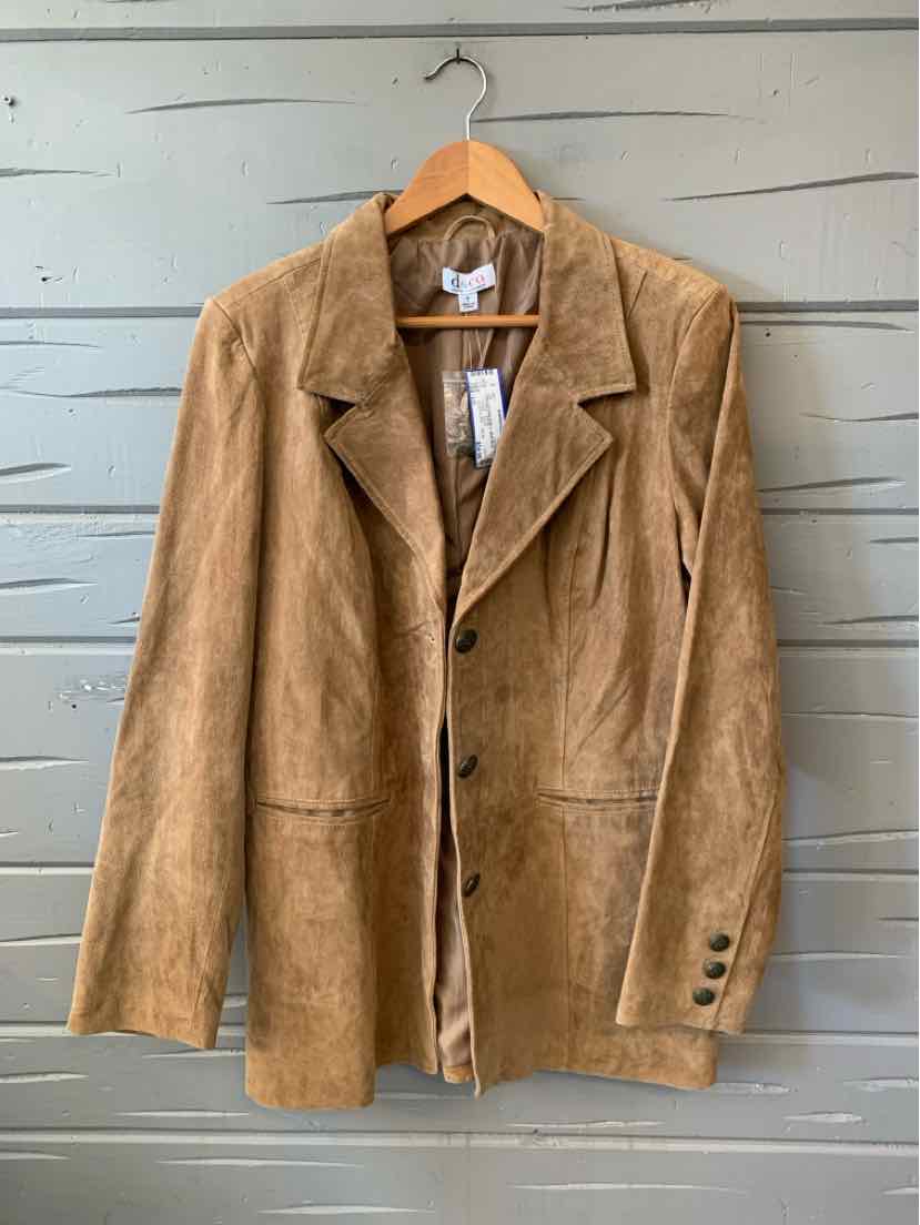 Tan suede blazer with notched lapels, front buttons, flap pockets, and buttoned cuffs, hanging on a wooden hanger.
